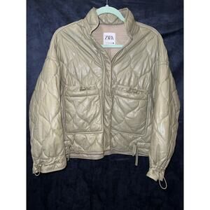 Zara Oversized Green Army Faux Leather Quilted Bomber Jacket XSmall